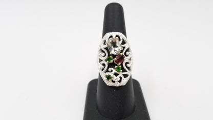 BLUE TOPAZ / GARNET / CHROME DIOPSIDE STERLING SILVER RING