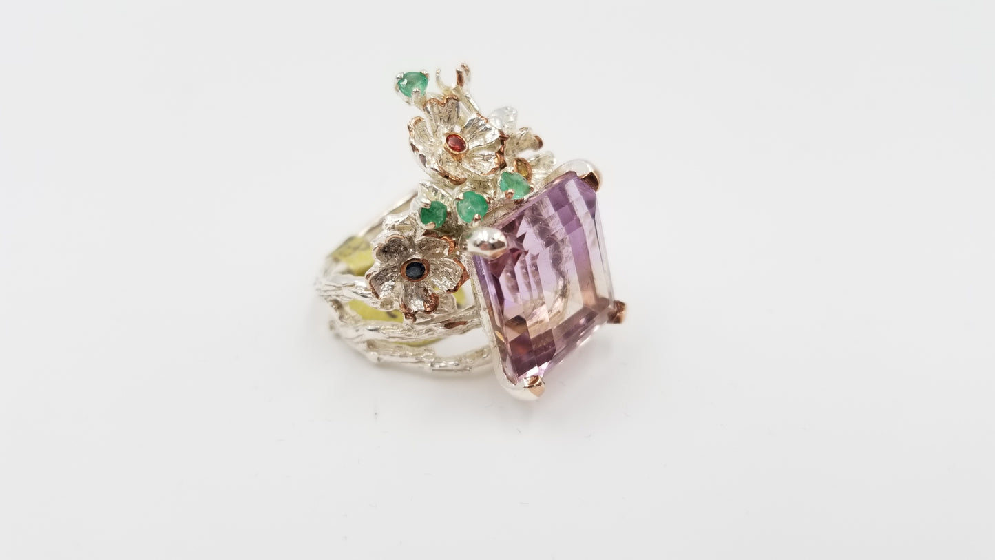 AMETRINE W/ EMERALD STERLING SILVER RING