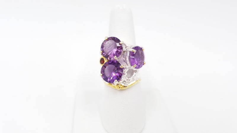 AMETHYST THREE STONE W/ GARNET STERLING SILVER DESIGNS RING