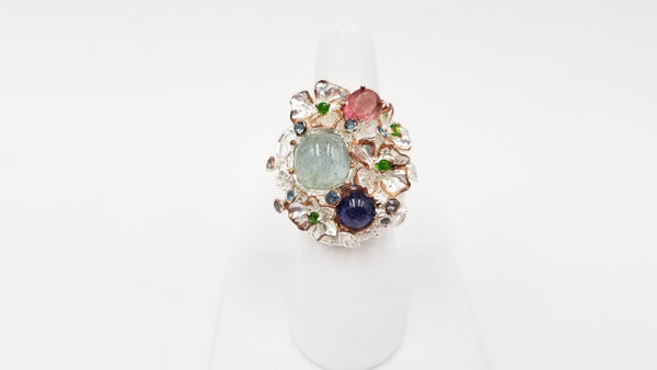 AQUAMARINE / SAPPHIRE / PINK SPINAL / EMERALDS STERLING SILVER RING