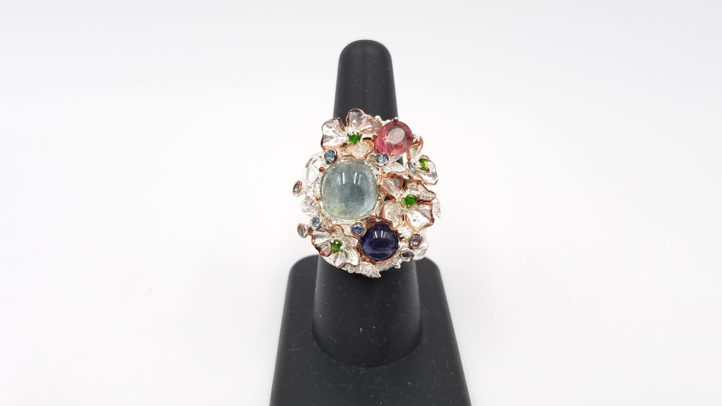 AQUAMARINE / SAPPHIRE / PINK SPINAL / EMERALDS STERLING SILVER RING