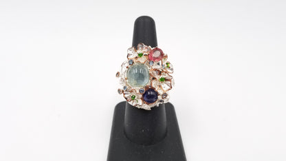 AQUAMARINE / SAPPHIRE / PINK SPINAL / EMERALDS STERLING SILVER RING