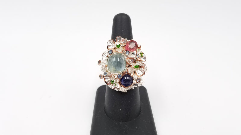 AQUAMARINE / SAPPHIRE / PINK SPINAL / EMERALDS STERLING SILVER RING