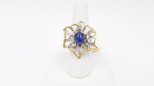 SAPPHIRE W/ GREEN AMETHYST STERLING SILVER TWO TONE RING