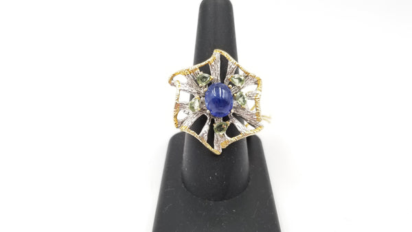SAPPHIRE W/ GREEN AMETHYST STERLING SILVER TWO TONE RING