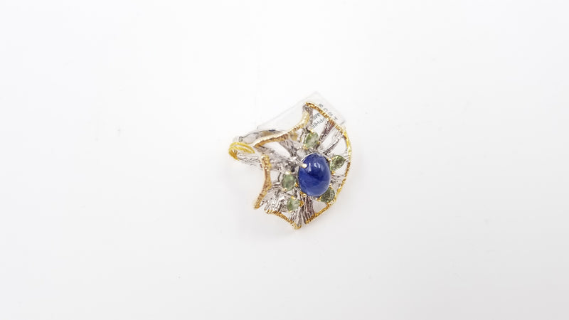 SAPPHIRE W/ GREEN AMETHYST STERLING SILVER TWO TONE RING