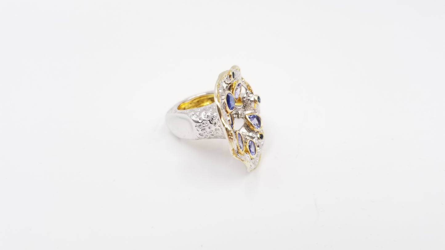 BLUE KYANITE / TANZANITES STERLING SILVER TWO TONE DESIGNS RING