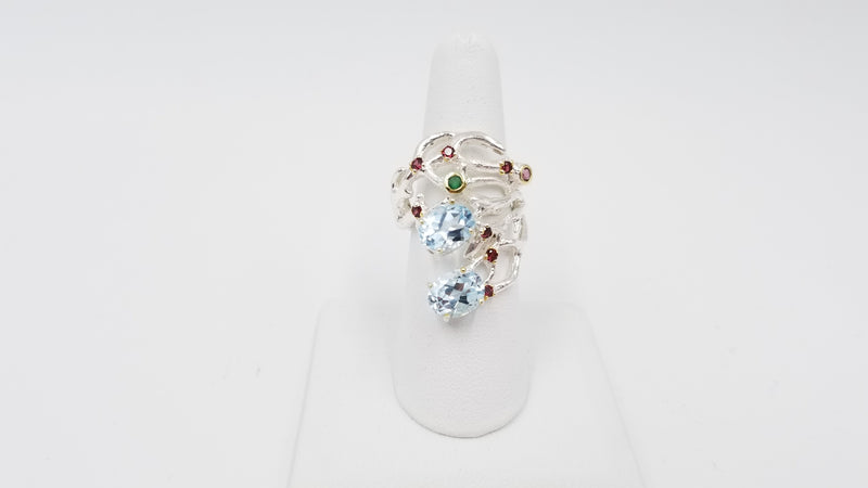 BLUE TOPAZ / RHODOLITE / EMERALD STERLING SILVER DESIGNS RING