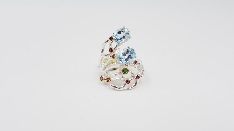 BLUE TOPAZ / RHODOLITE / EMERALD STERLING SILVER DESIGNS RING