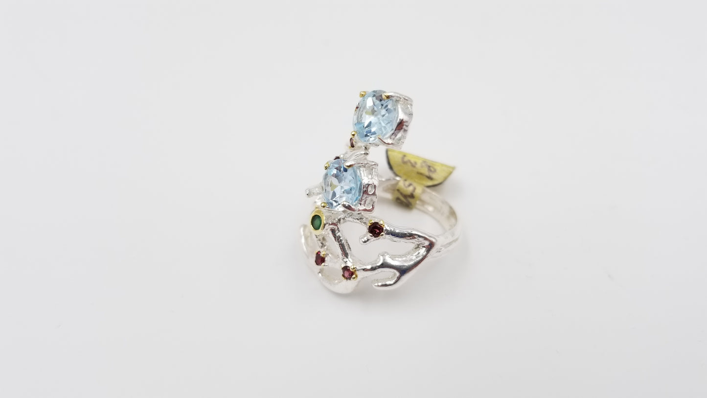 BLUE TOPAZ / RHODOLITE / EMERALD STERLING SILVER DESIGNS RING