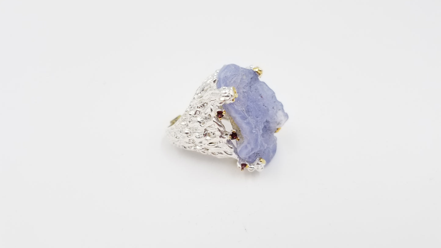 CHALCEDONY W/ RHODOLITE GARNET STERLING SILVER RING
