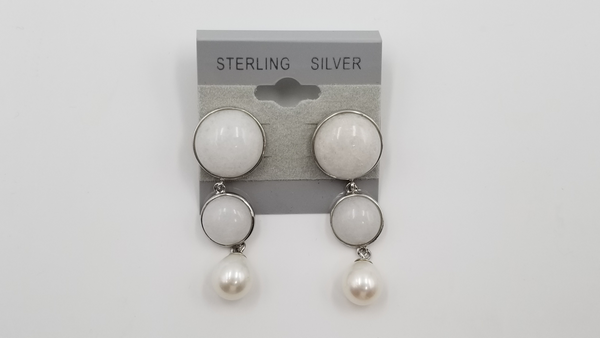 FRESHWATER CULTURE PEARLS 925 STERLING SILVER W/ WHITE AGATE  DOUBLE STONES DROP EARRINGS