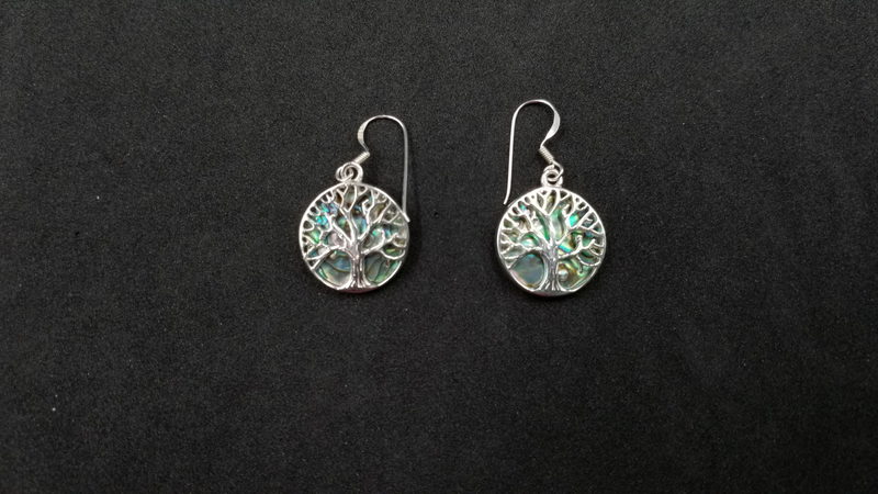 STERLING SILVER W/ ABALONE SHELL TREE OF LIFE DROP EARRINGS (ROUND)