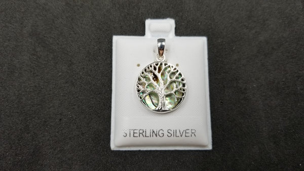 STERLING SILVER W/ ABALONE SHELL TREE OF LIFE PENDANT ( ROUND )SMALL SIZE